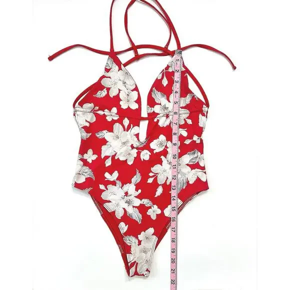 Frankies Bikinis Janelle One-Piece Swimsuit Red Floral Azalea Cheeky Cut Size M - Picture 9 of 9